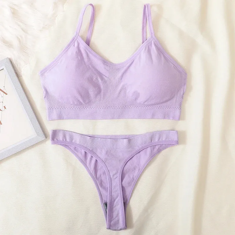 Women's Ribbed Bralette & Thong Sexy Seamless Underwear Set - Comfortable Wireless Bra with Removable Pads