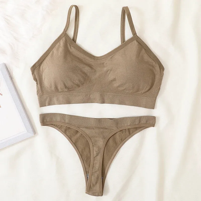 Women's Ribbed Bralette & Thong Sexy Seamless Underwear Set - Comfortable Wireless Bra with Removable Pads