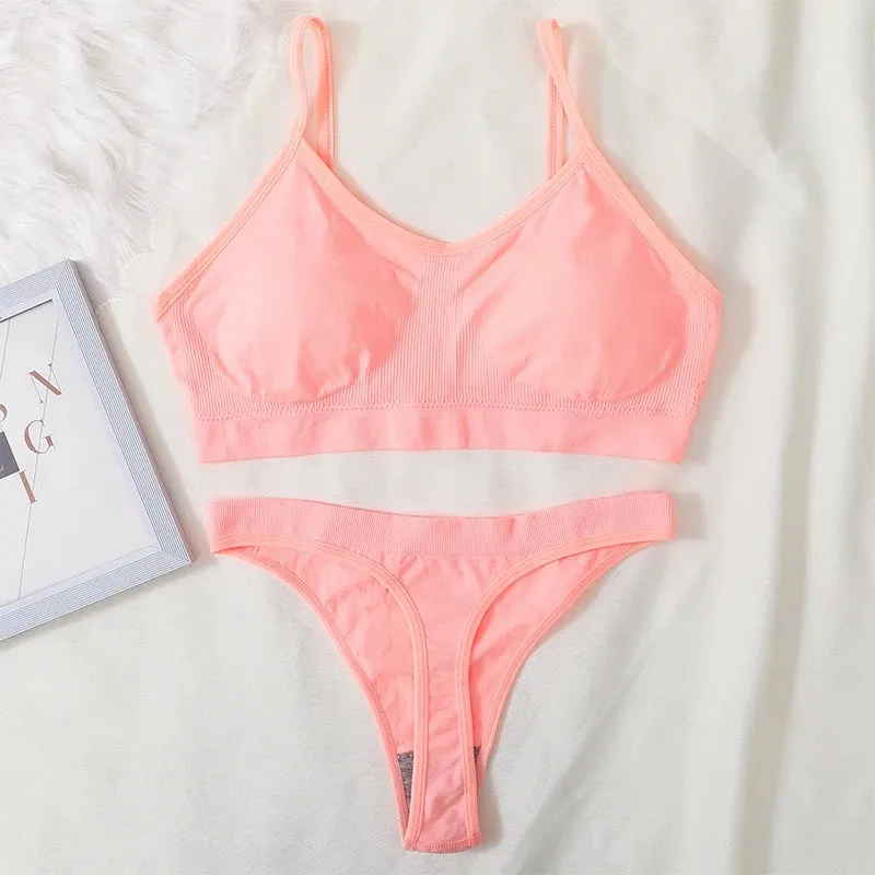 Women's Ribbed Bralette & Thong Sexy Seamless Underwear Set - Comfortable Wireless Bra with Removable Pads