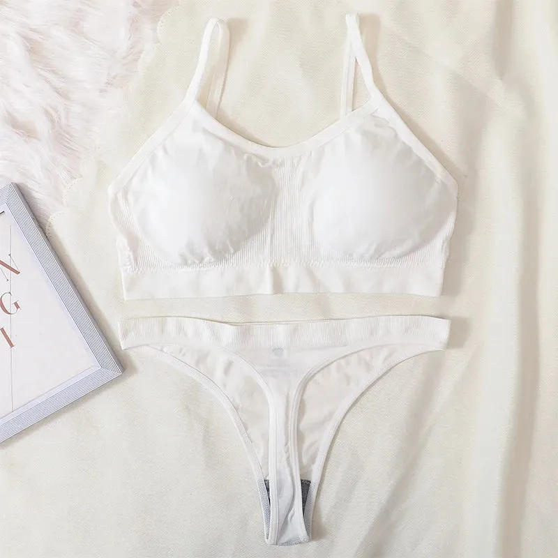 Women's Ribbed Bralette & Thong Sexy Seamless Underwear Set - Comfortable Wireless Bra with Removable Pads