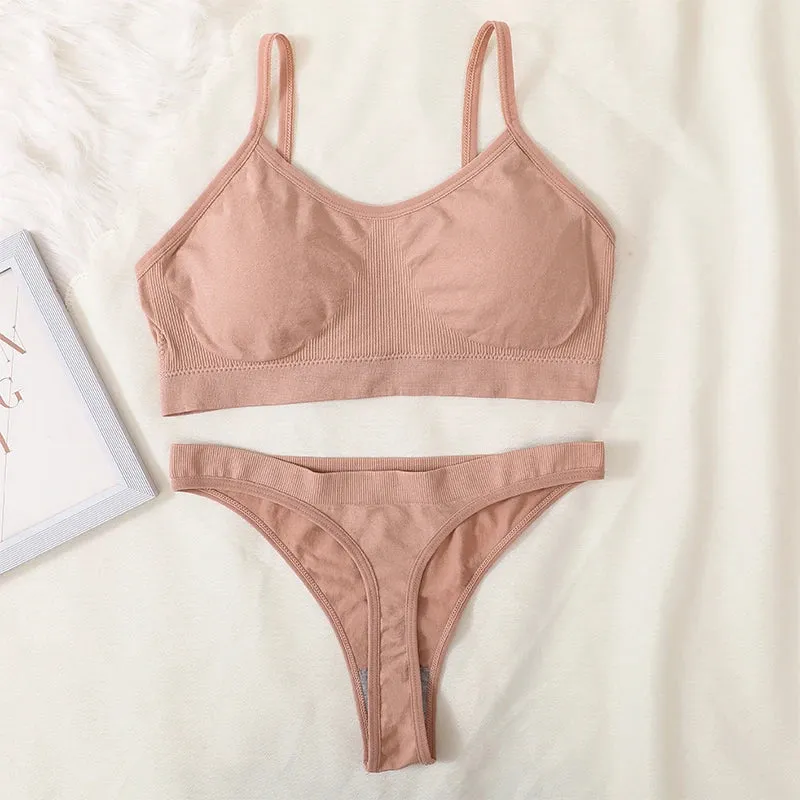 Women's Ribbed Bralette & Thong Sexy Seamless Underwear Set - Comfortable Wireless Bra with Removable Pads
