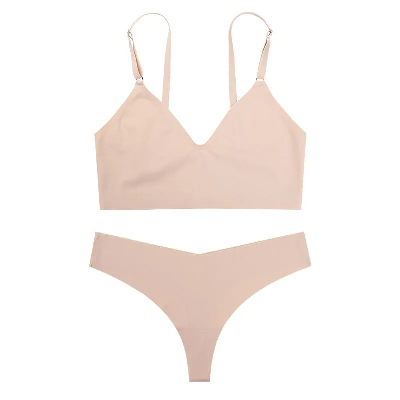 Women's Seamless Bra Set - V-Shape, Low Waist Thong Panties, V-neck Bralette Wireless Sexy Underwear
