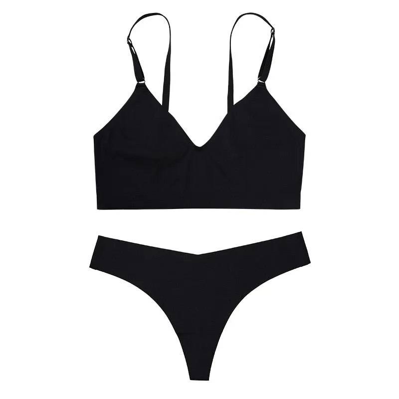 Women's Seamless Bra Set - V-Shape, Low Waist Thong Panties, V-neck Bralette Wireless Sexy Underwear