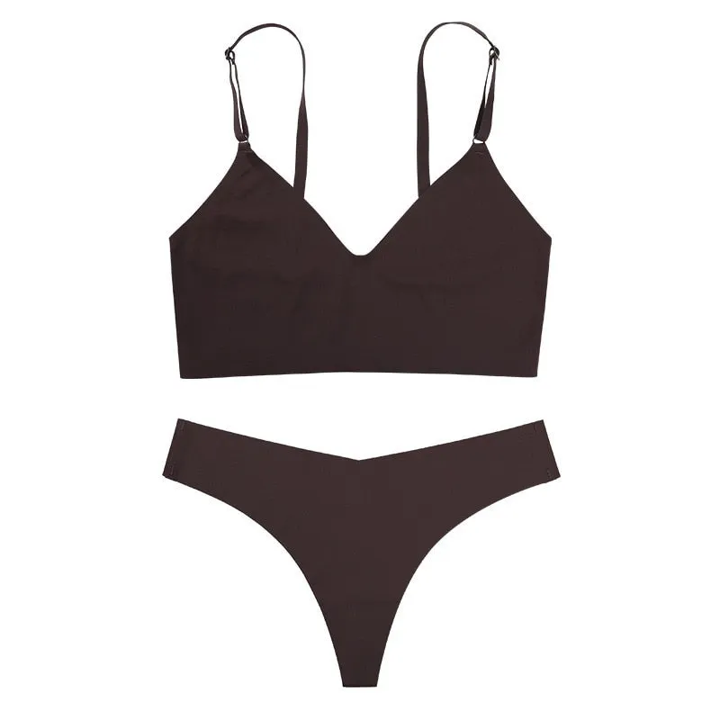 Women's Seamless Bra Set - V-Shape, Low Waist Thong Panties, V-neck Bralette Wireless Sexy Underwear