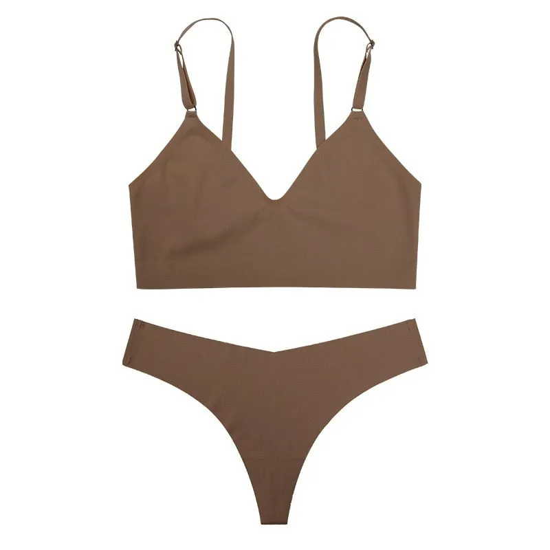 Women's Seamless Bra Set - V-Shape, Low Waist Thong Panties, V-neck Bralette Wireless Sexy Underwear