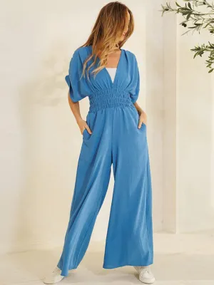 WOMEN'S SHORT RUCHED SLEEVES V-NECK WIDE LEG JUMPSUIT