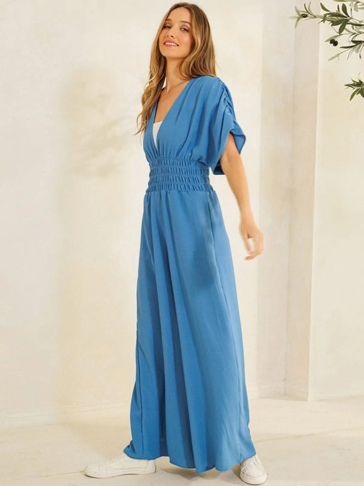 WOMEN'S SHORT RUCHED SLEEVES V-NECK WIDE LEG JUMPSUIT