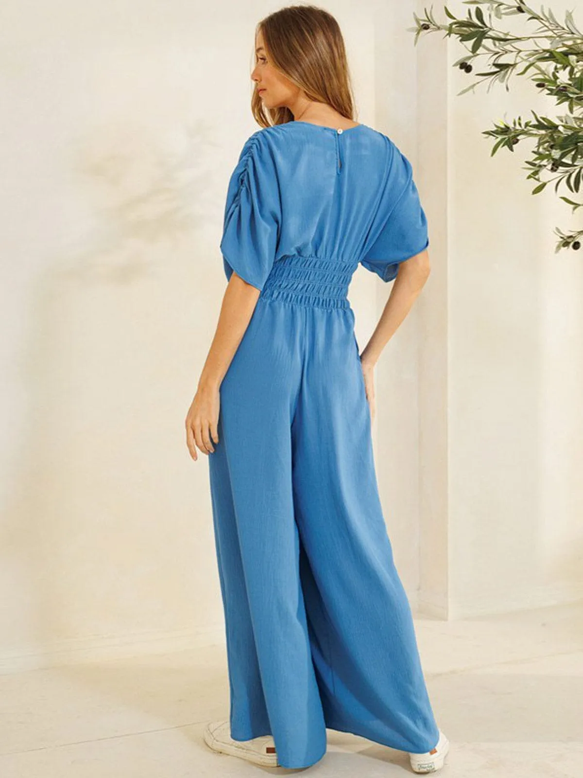 WOMEN'S SHORT RUCHED SLEEVES V-NECK WIDE LEG JUMPSUIT