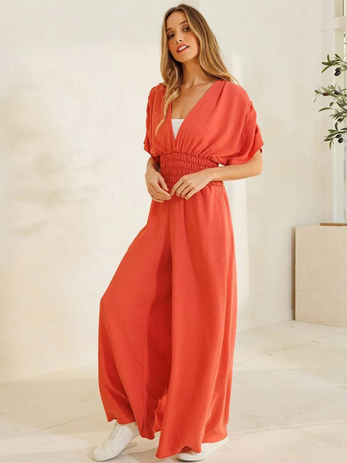 WOMEN'S SHORT RUCHED SLEEVES V-NECK WIDE LEG JUMPSUIT