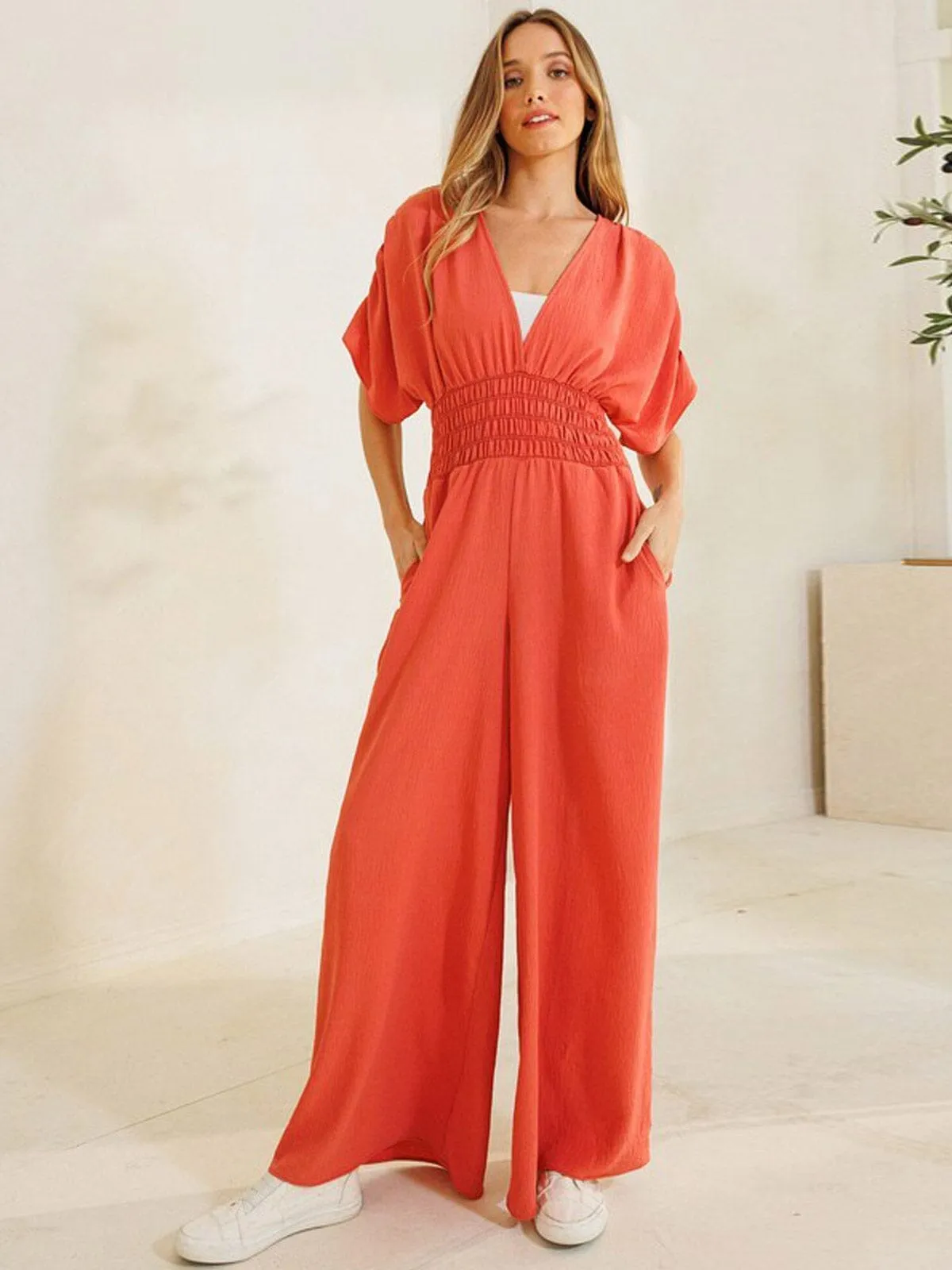 WOMEN'S SHORT RUCHED SLEEVES V-NECK WIDE LEG JUMPSUIT