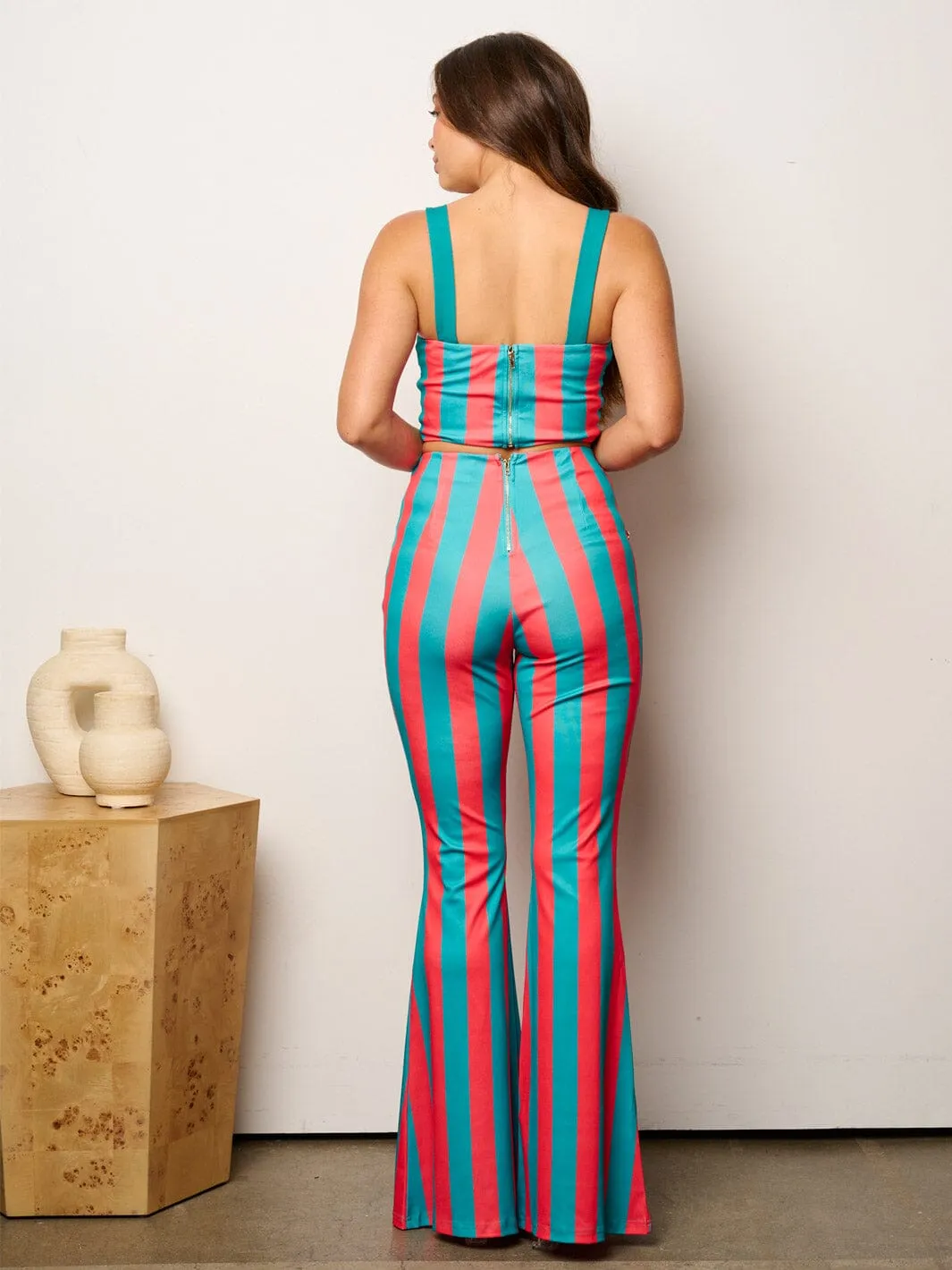WOMEN'S SLEEVELESS CROP TOP  & BELL LEG PANTS COLORBLOCK 2PC SET