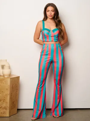 WOMEN'S SLEEVELESS CROP TOP  & BELL LEG PANTS COLORBLOCK 2PC SET