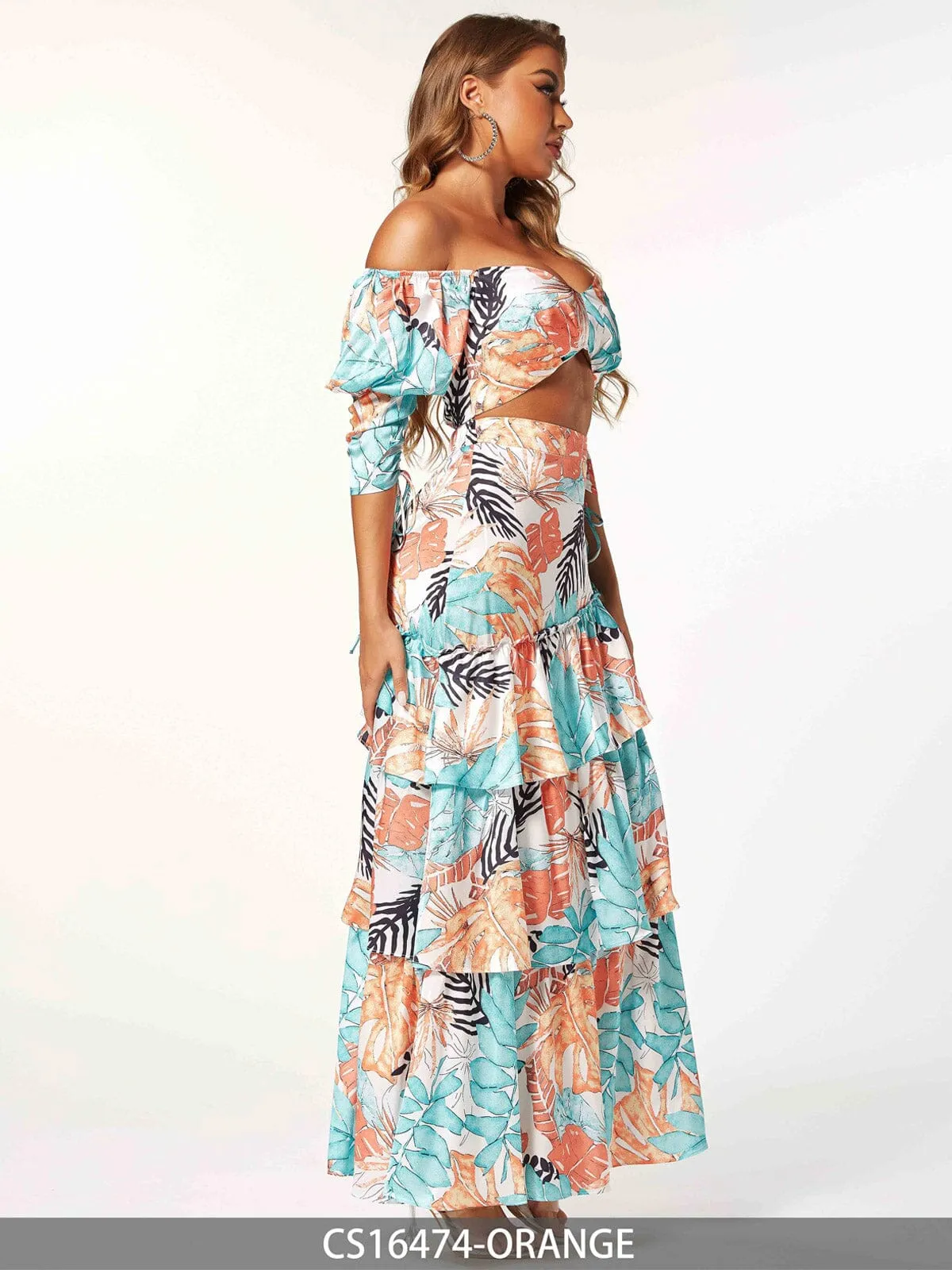 WOMEN'S SLEEVELESS CROP TOP & MAXI SKIRT RUFFLE LEAF PRINT 2PC. SET