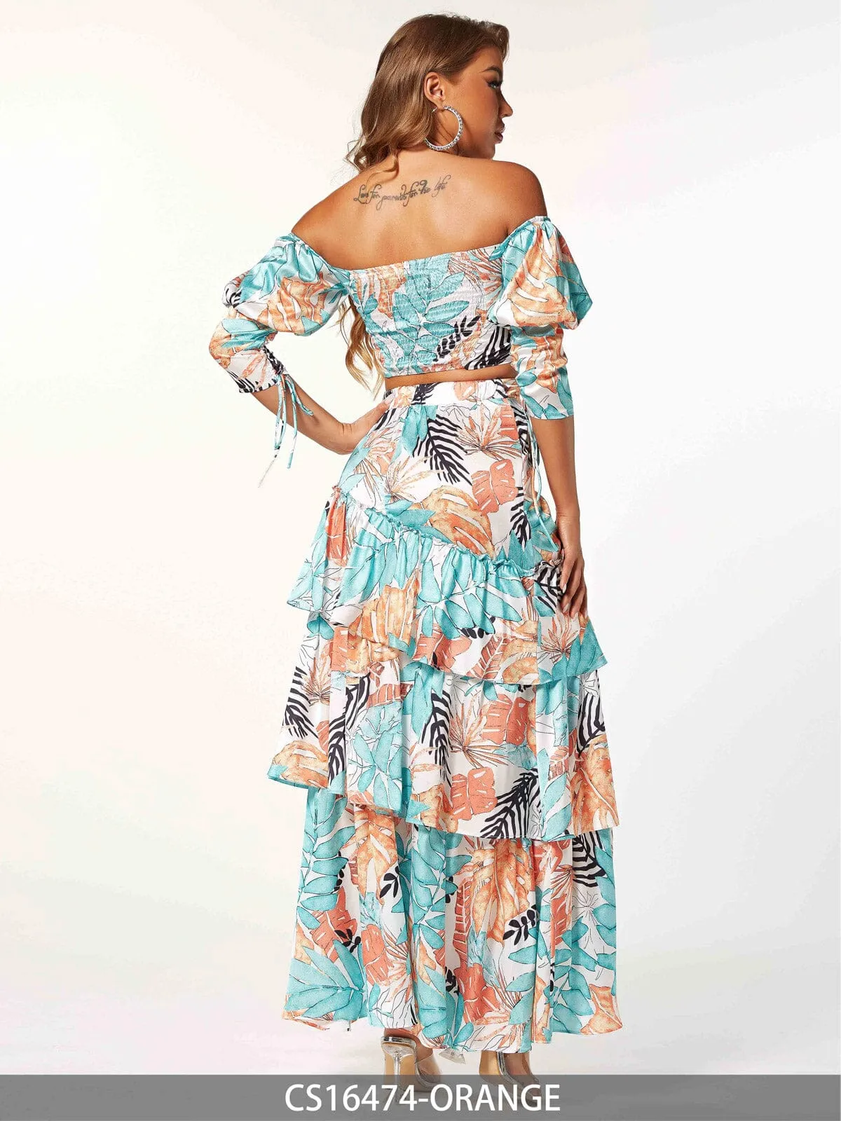 WOMEN'S SLEEVELESS CROP TOP & MAXI SKIRT RUFFLE LEAF PRINT 2PC. SET