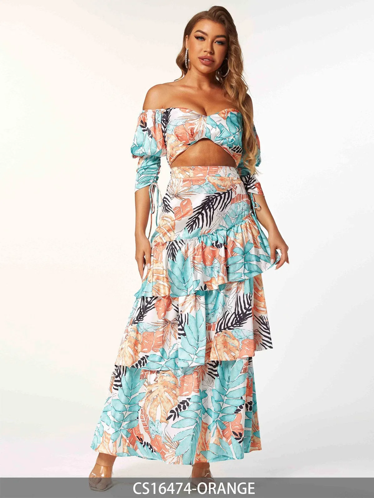 WOMEN'S SLEEVELESS CROP TOP & MAXI SKIRT RUFFLE LEAF PRINT 2PC. SET
