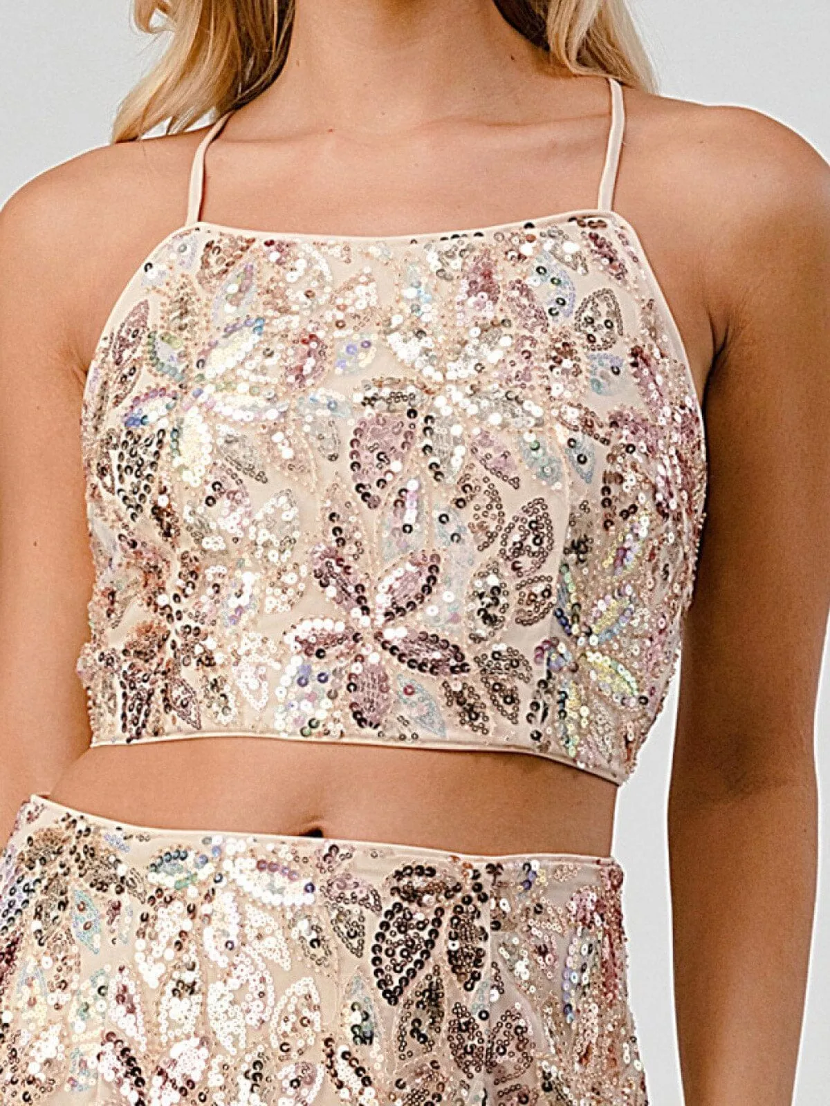 WOMEN'S SLEEVELESS CROP TOP & MINI SKIRT SEQUINS 2PC. SET