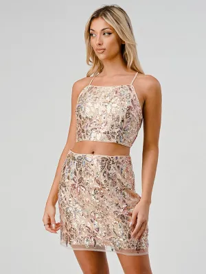 WOMEN'S SLEEVELESS CROP TOP & MINI SKIRT SEQUINS 2PC. SET