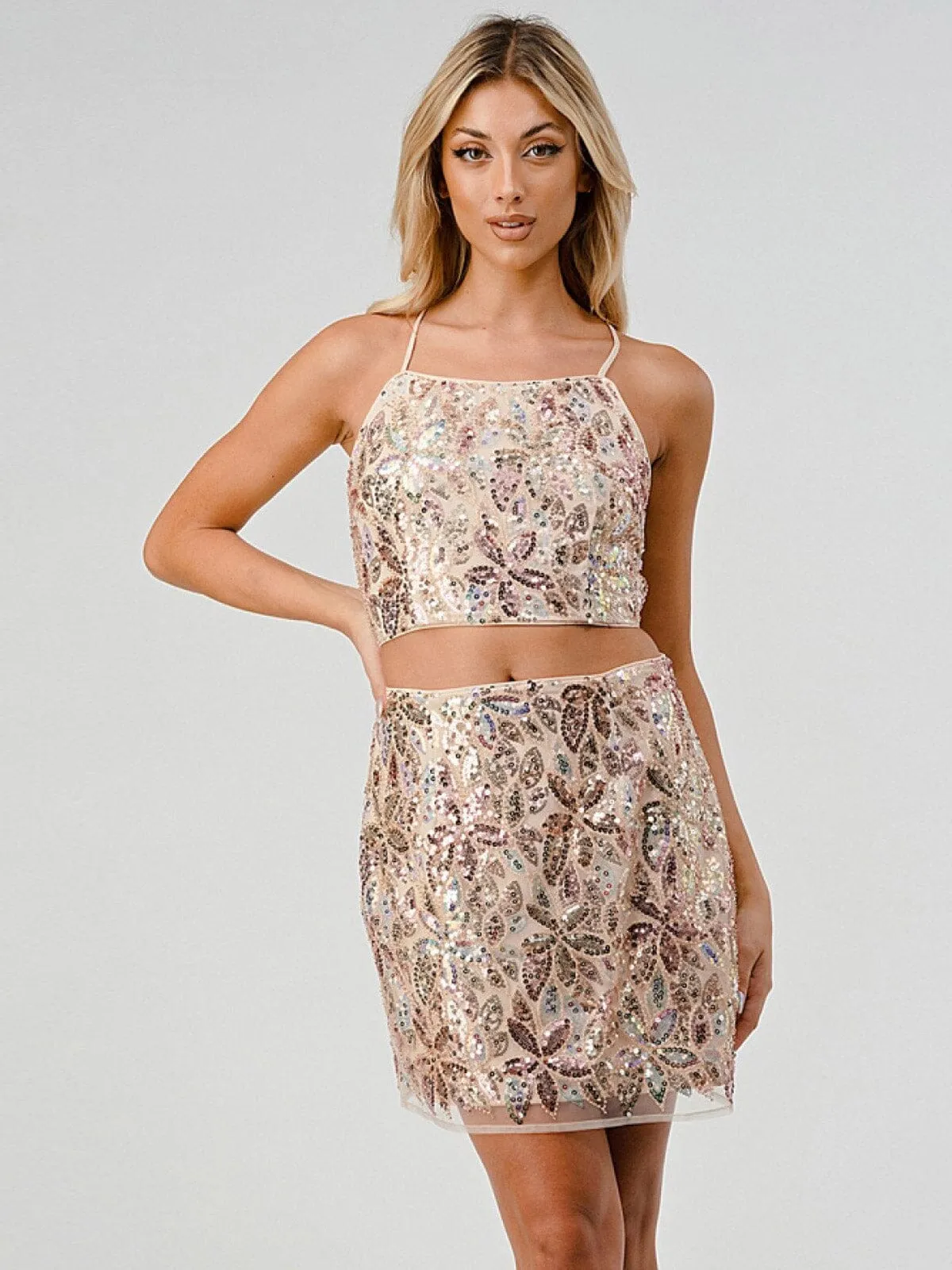 WOMEN'S SLEEVELESS CROP TOP & MINI SKIRT SEQUINS 2PC. SET