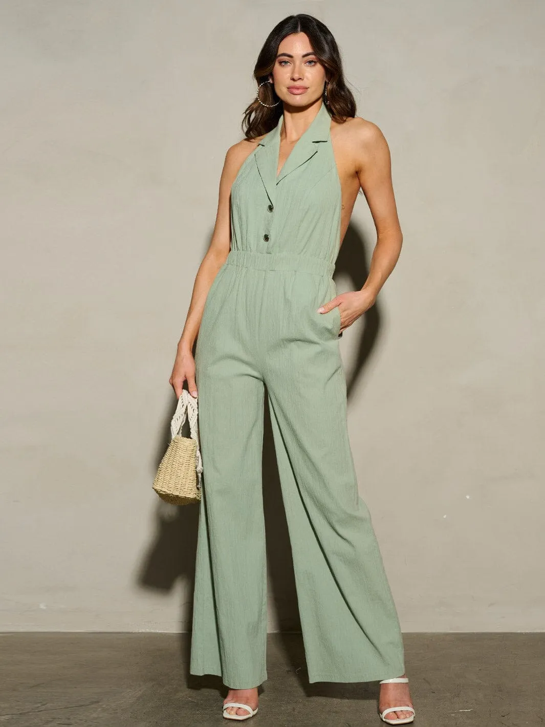 WOMEN'S SLEEVELESS HALTER NECK OPEN BACK WIDE LEG JUMPSUIT