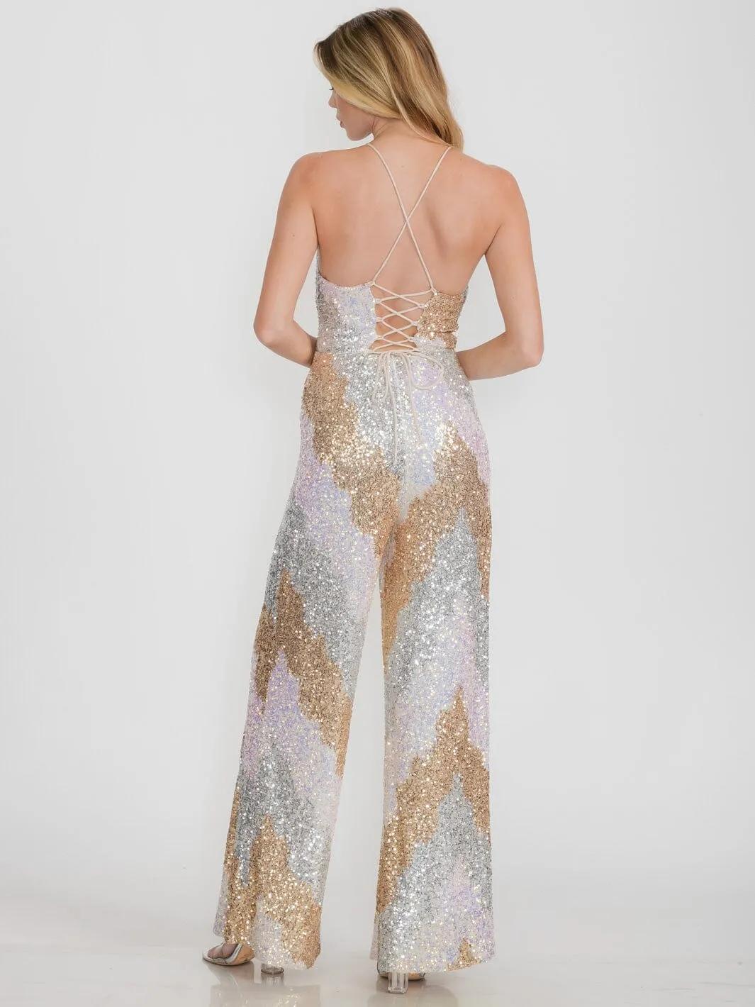 WOMEN'S SLEEVELESS OPEN BACK SEQUINS WIDE LEG JUMPSUIT