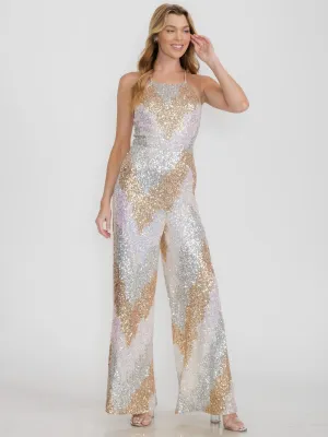 WOMEN'S SLEEVELESS OPEN BACK SEQUINS WIDE LEG JUMPSUIT