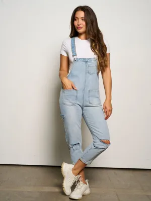 WOMEN'S SLEEVELESS POCKETS DISTRESSED DENIM OVERALL
