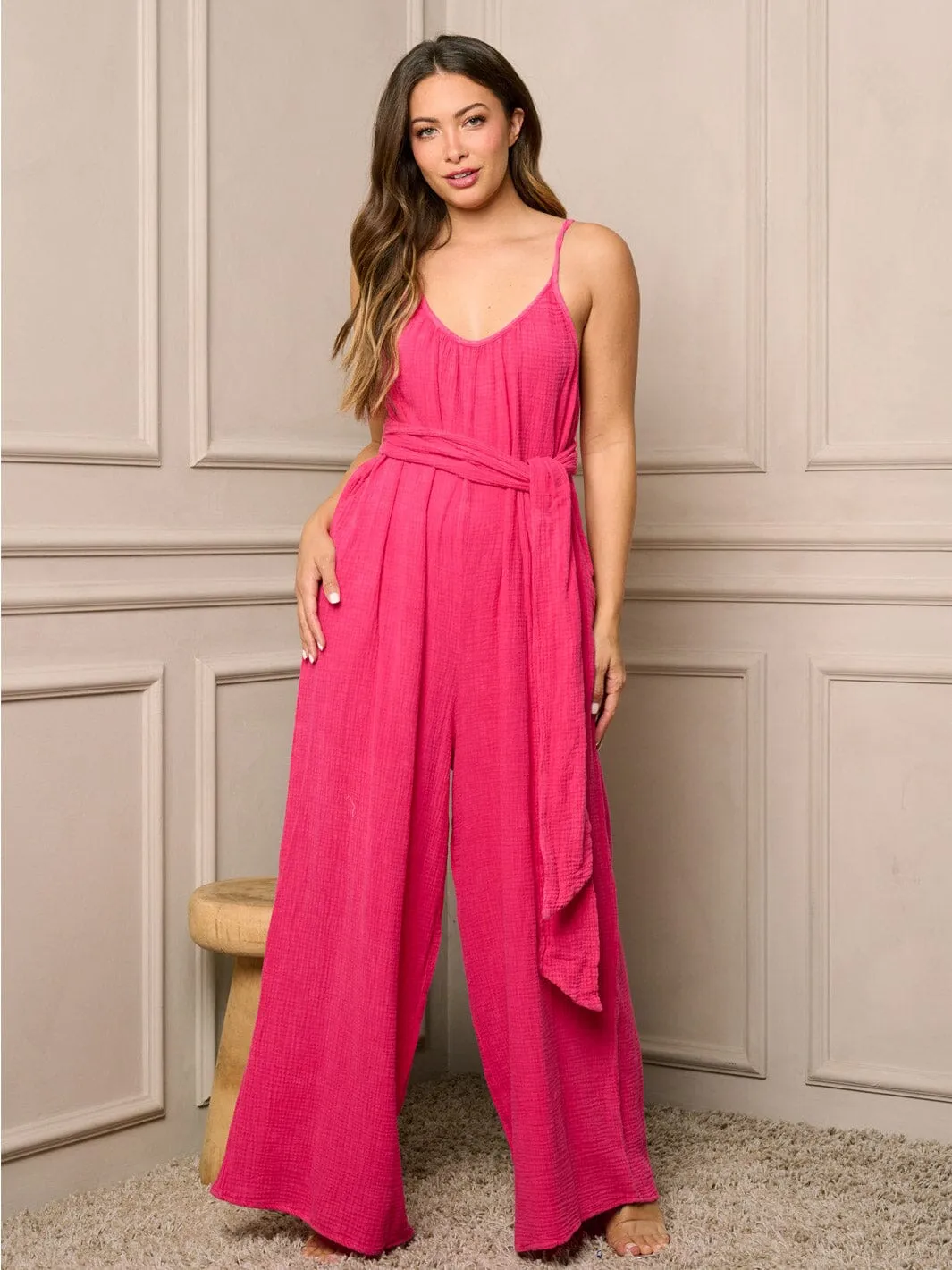 WOMEN'S SLEEVELESS V-NECK POCKETS WIDE LEG DETAILED JUMPSUIT