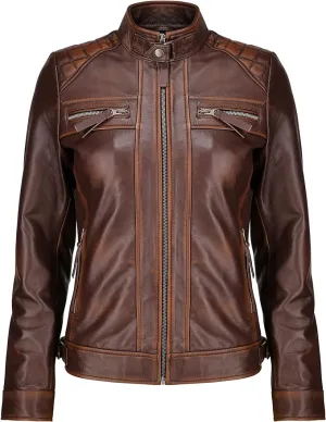 Women's Vintage Distressed Leather Biker Jackets WD03